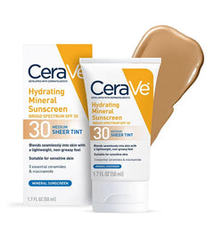 CeraVe Hydrating Mineral Sunscreen SPF 30 with Sheer Tint, Tinted Mineral Sunscreen
